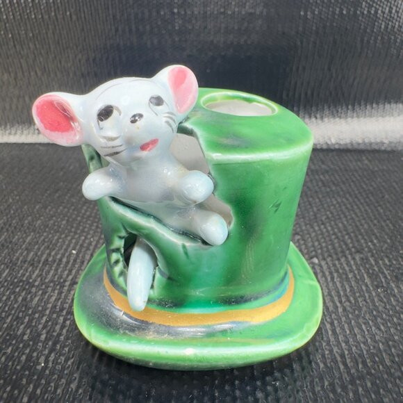 Vintage Small Mouse In Green Top Hat Toothpick Holder Ceramic Made In Japan VTG - Picture 1 of 9